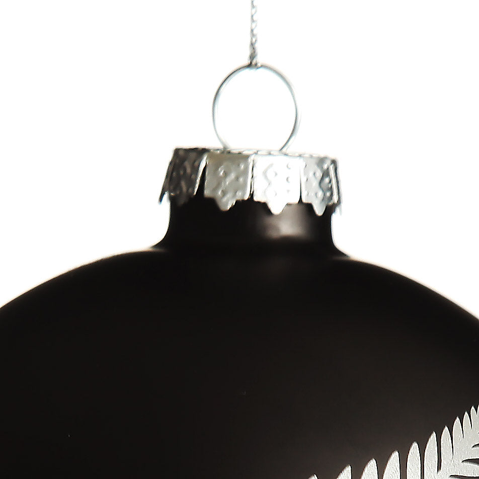 NZ Silver Fern Black Glass Personalised Christmas Bauble