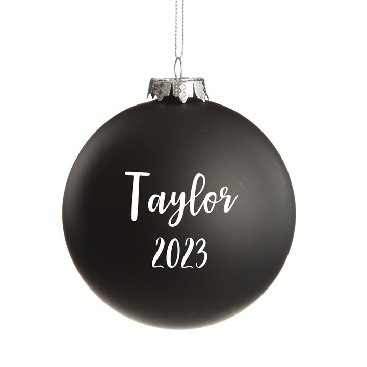 NZ Silver Fern Black Glass Personalised Christmas Bauble