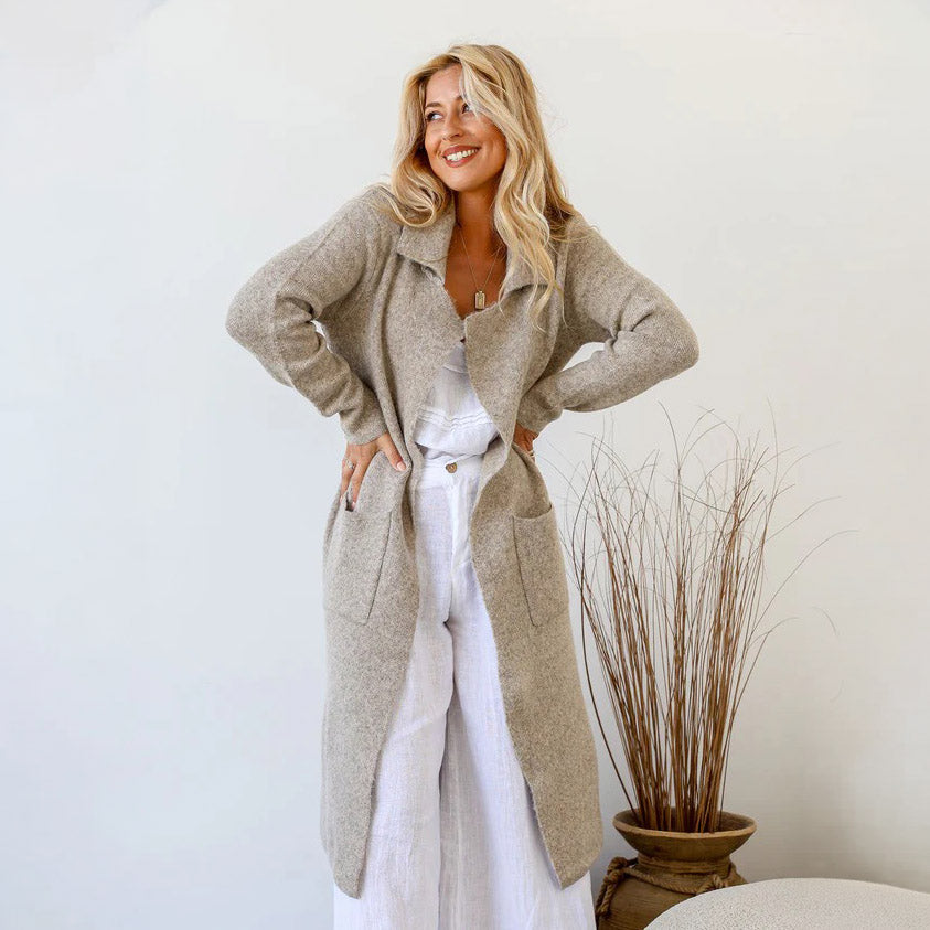Oatmeal Long Knit Cardigan with Pockets - SM