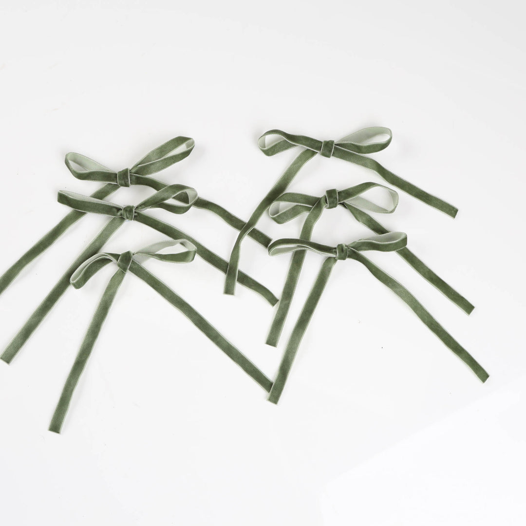 Olive Green Slimline Velvet Bow - Pack of 6