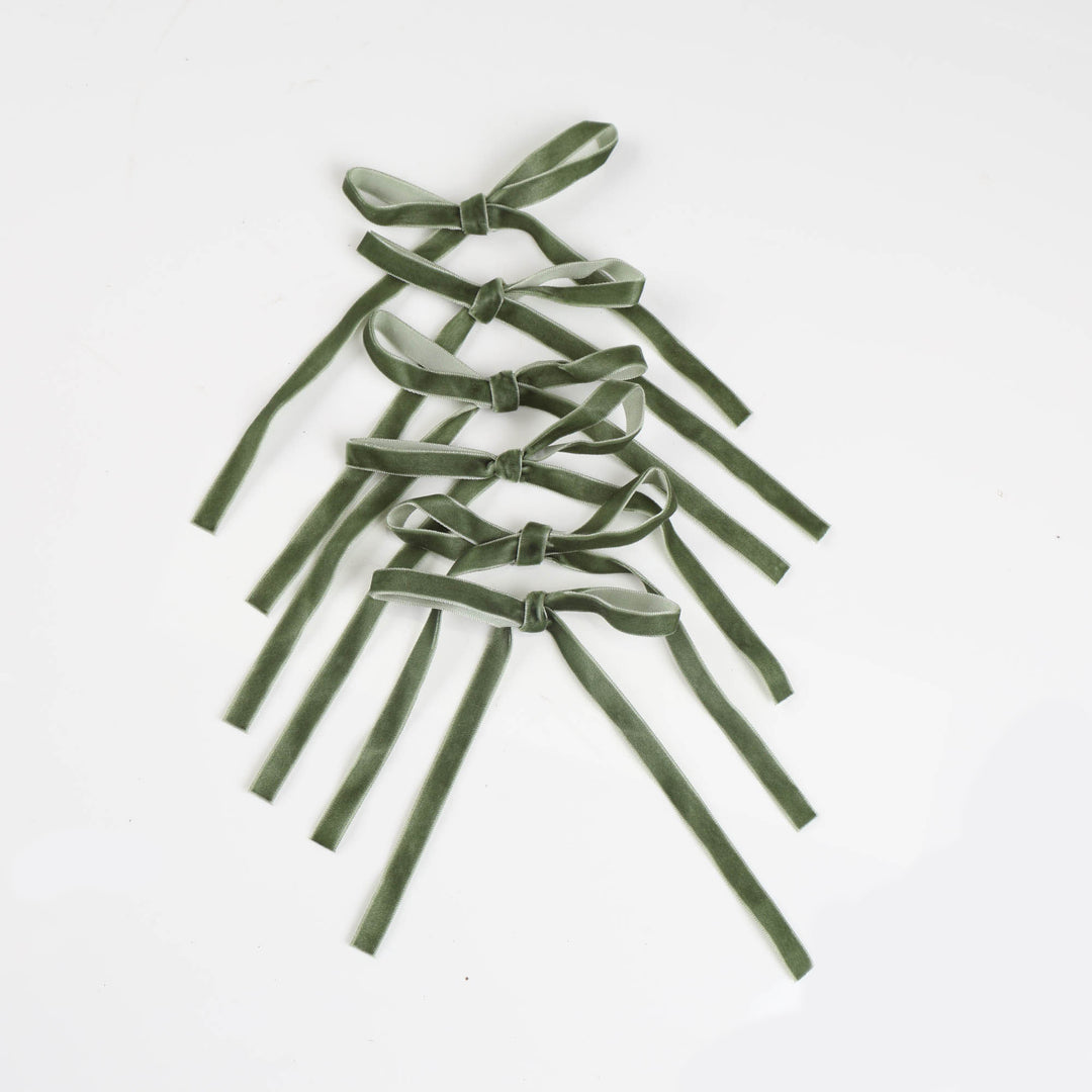 Olive Green Slimline Velvet Bow - Pack of 6