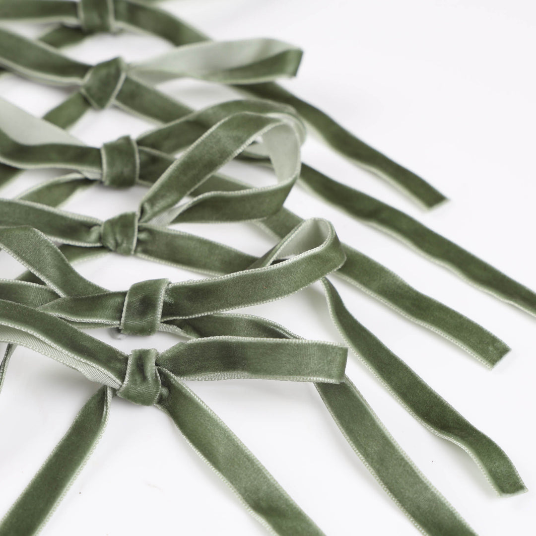 Sage Green Slimline Velvet Bow - Pack of 6