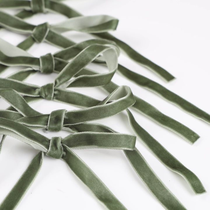 Sage Green Slimline Velvet Bow - Pack of 6