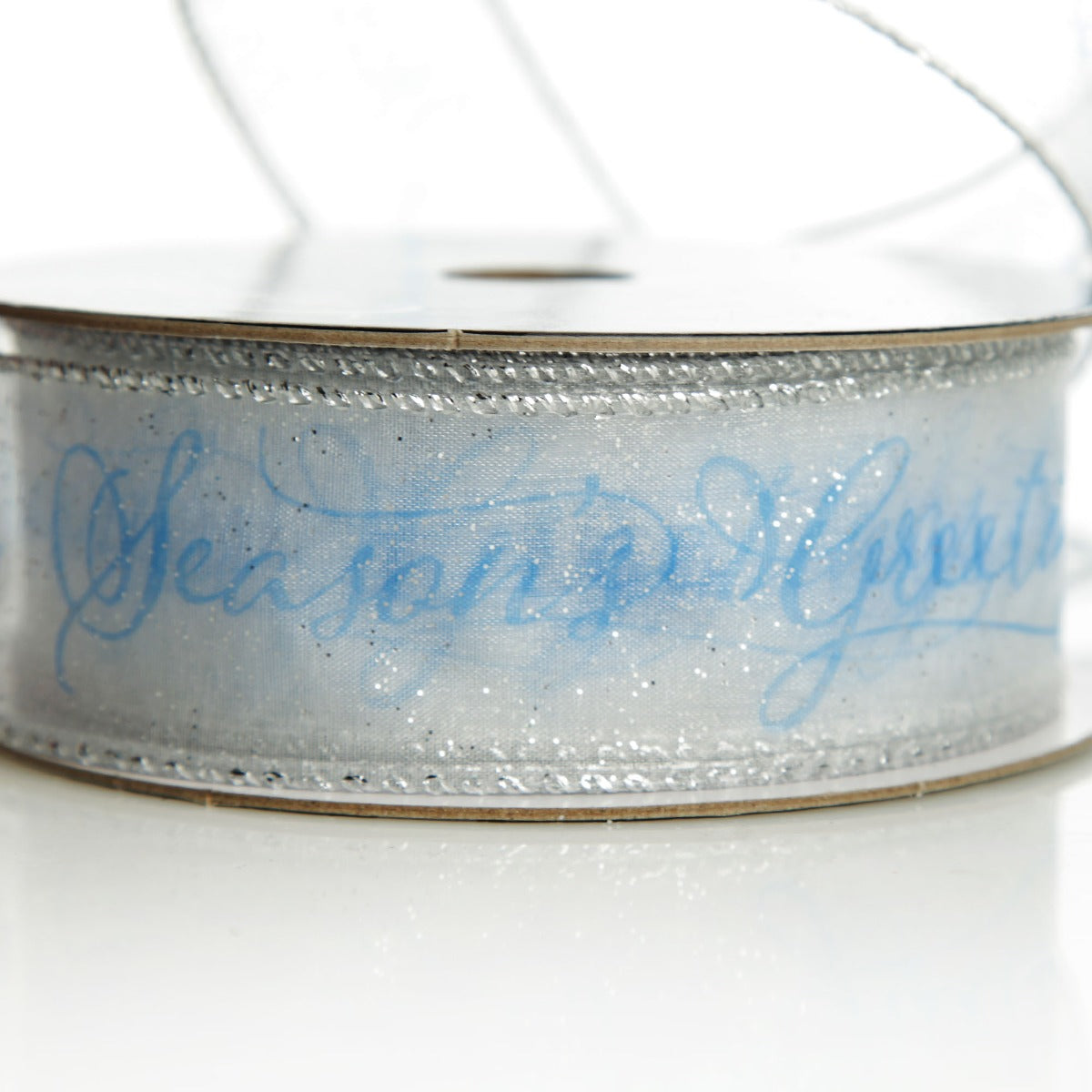 Organza Silver and Blue Seasons Greetings Wired Ribbon - 3.8cm