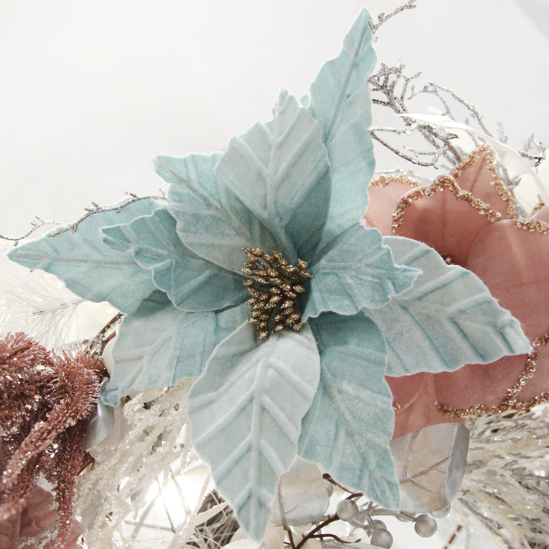 Pale Blue Velvet Embossed Poinsettia Flower Stem