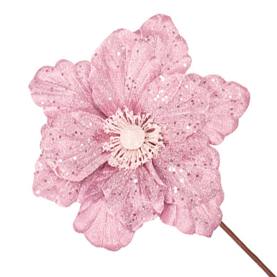 Pale Pink Glitter Velour Magnolia Flower Stem 