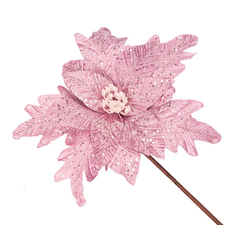 Pale Pink Glitter Velour Poinsettia Flower Stem