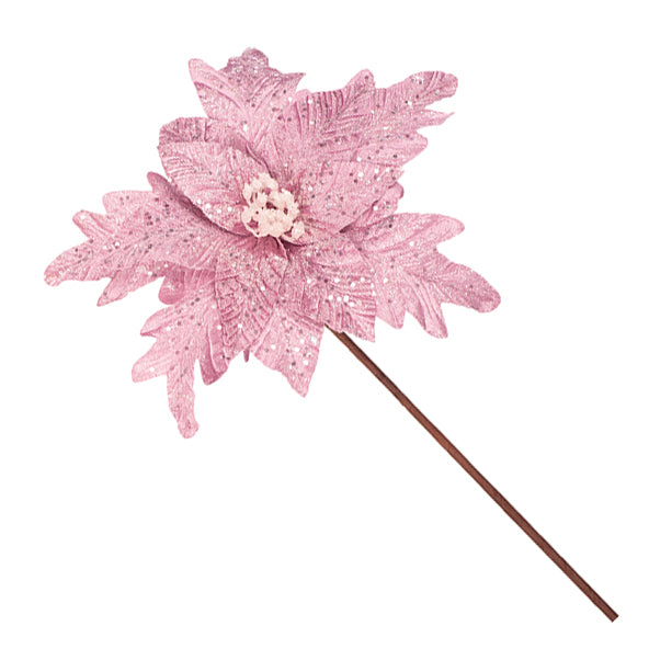 Pale Pink Glitter Velour Poinsettia Flower Stem