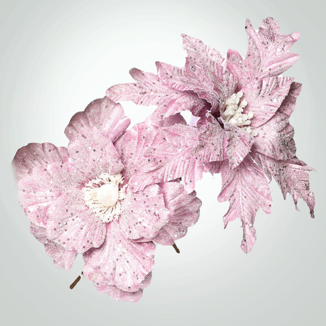 Pale Pink Glitter Velour Magnolia Flower Stem 
