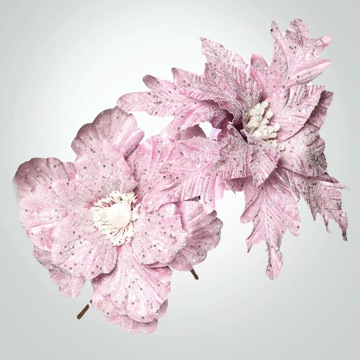 Pale Pink Glitter Velour Magnolia Flower Stem 