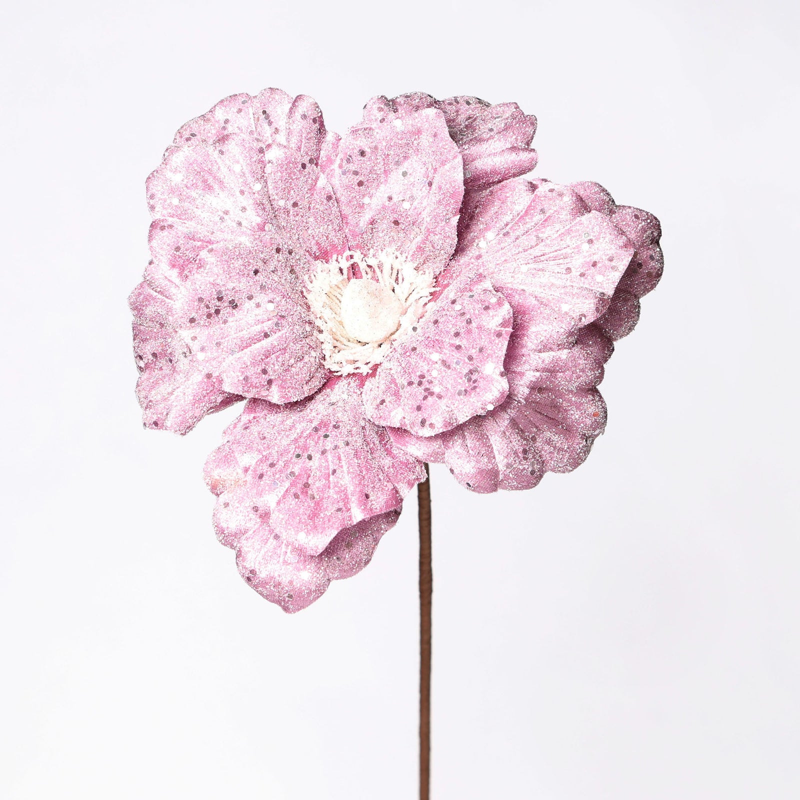Pale Pink Glitter Velour Magnolia Flower Stem 