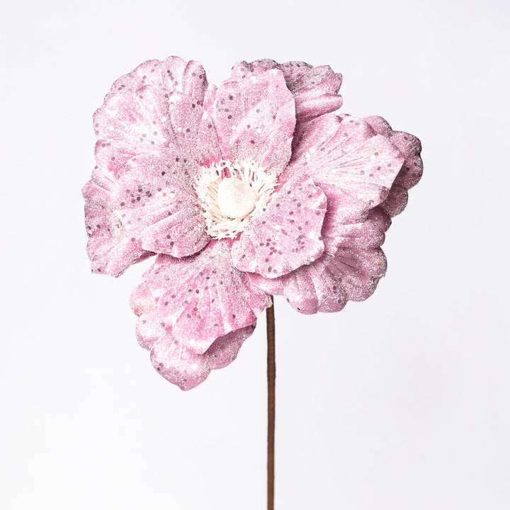 Pale Pink Glitter Velour Magnolia Flower Stem 