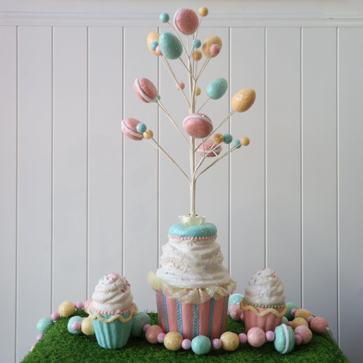Pastel Cupcake Tree with Easter Eggs and Macarons