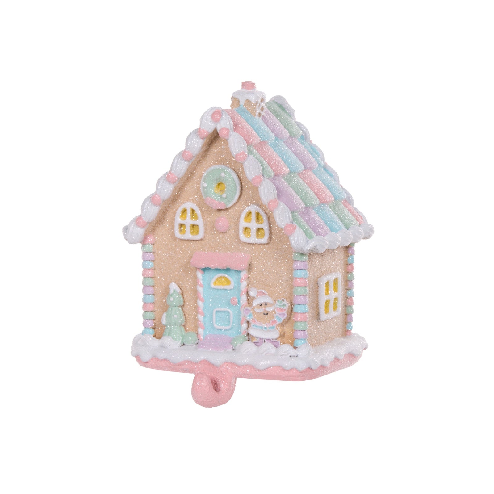 Pastel Gingerbread House Stocking Hanger with Santa