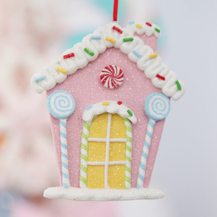 Pastel Pink Candy Gingerbread House Tree Decoration