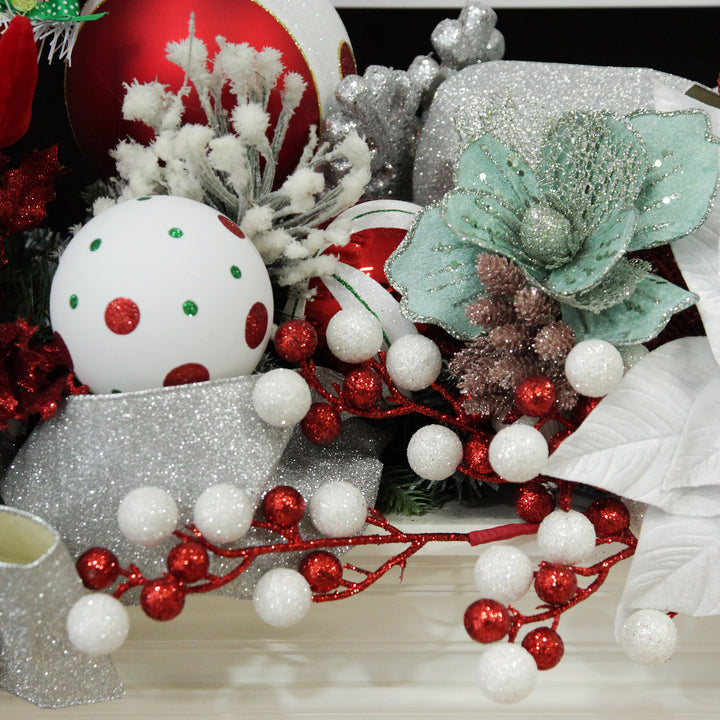 Red and White Glitter Ball Christmas Pick
