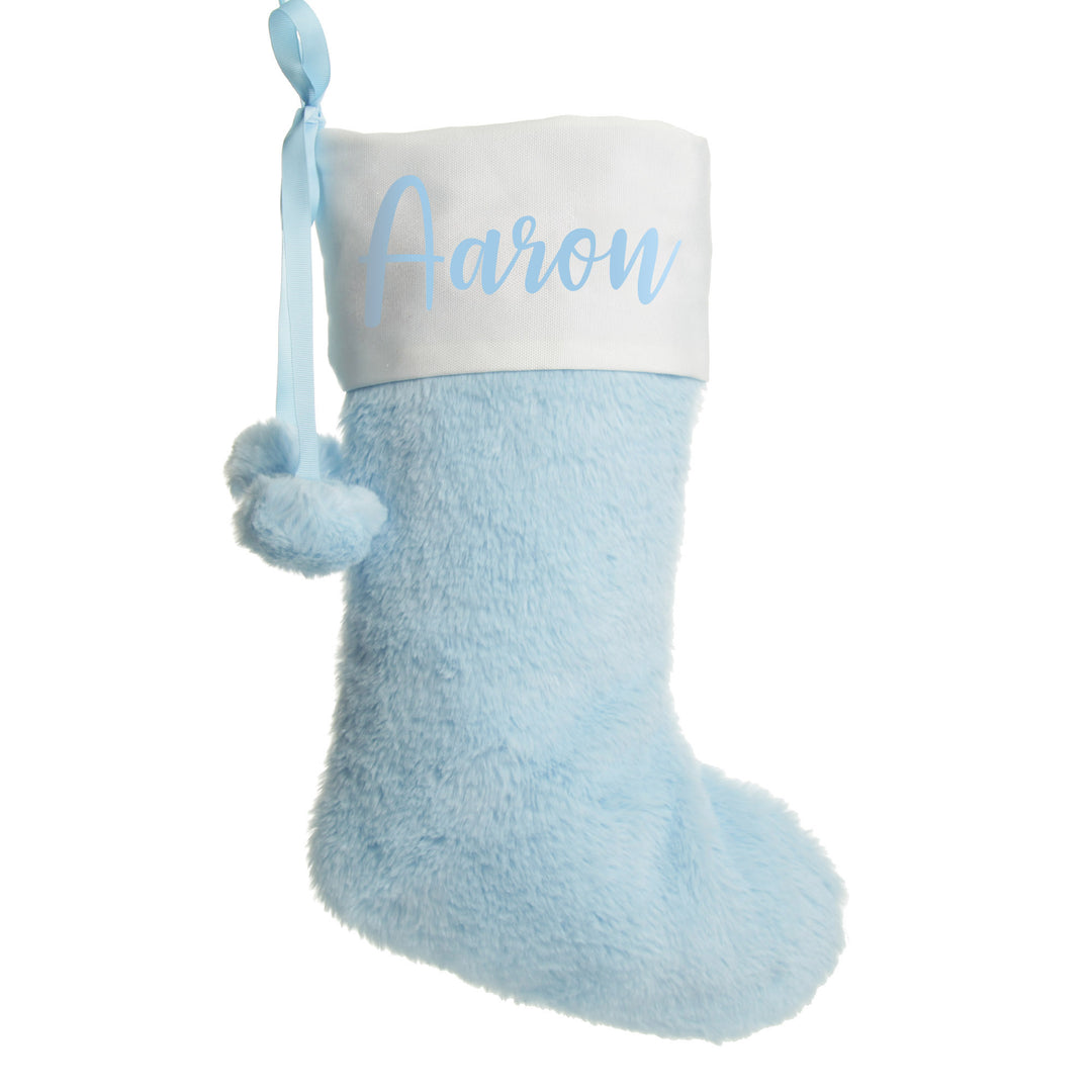 Personalised Blue Fur Christmas Stocking with Pom Poms