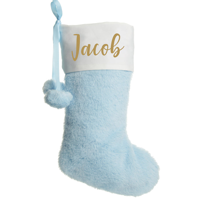 Personalised Blue Fur Christmas Stocking with Pom Poms