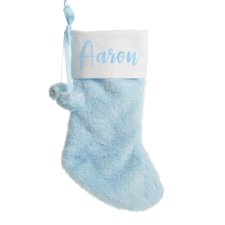 Personalised Blue Fur Christmas Stocking with Pom Poms