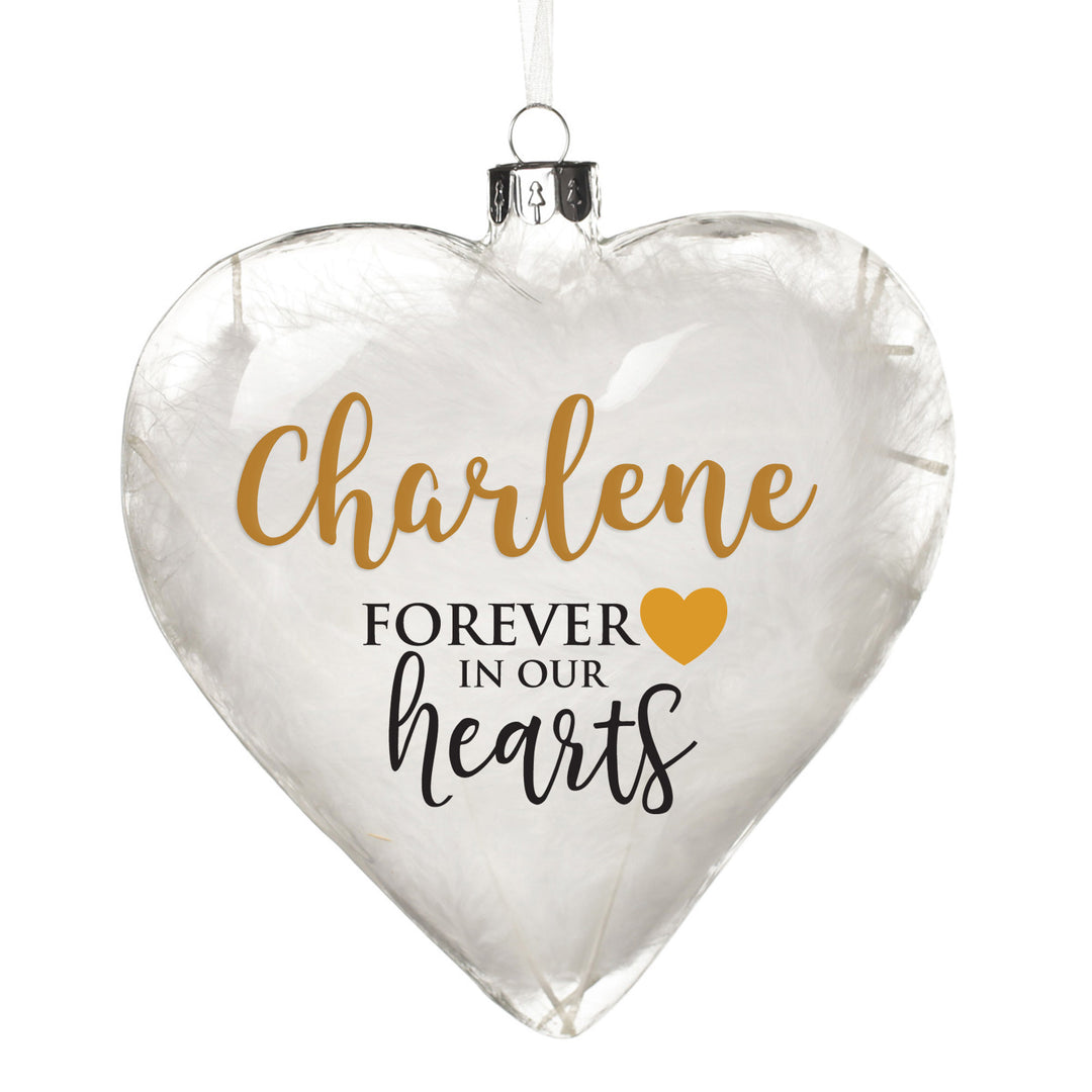 Personalised White Feather Glass Heart - Forever in Our Hearts