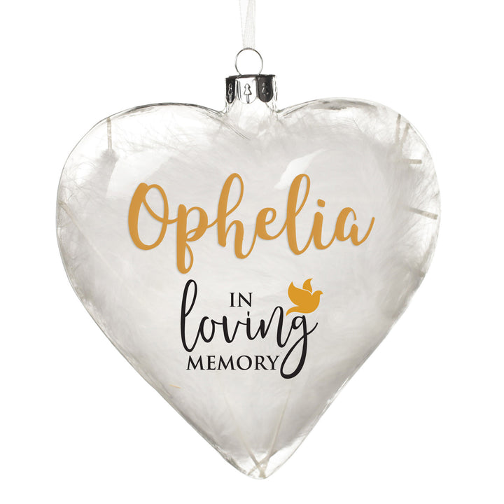 Personalised White Feather Glass Heart - In Loving Memory