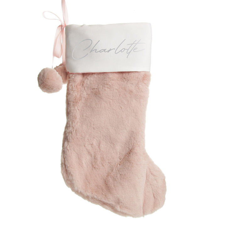 Personalised Pink Fur Christmas Stocking with Pom Poms