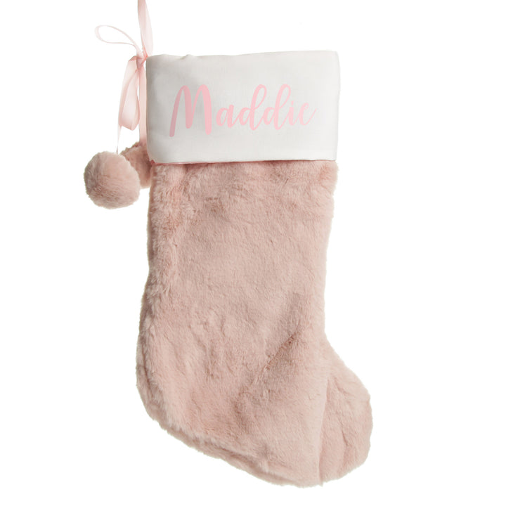 Personalised Pink Fur Christmas Stocking with Pom Poms