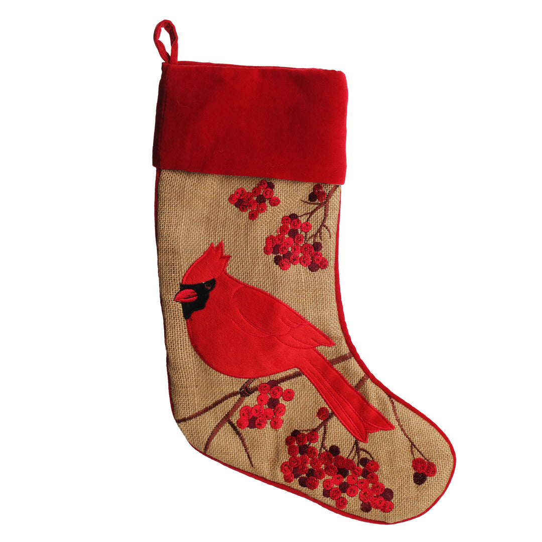 Personalised Burlap Cardinal Bird Christmas Stocking
