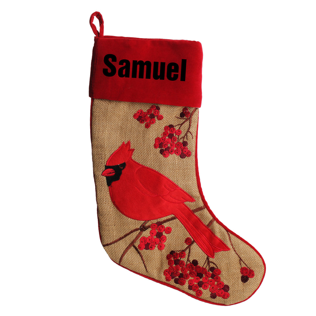 Personalised Burlap Cardinal Bird Christmas Stocking