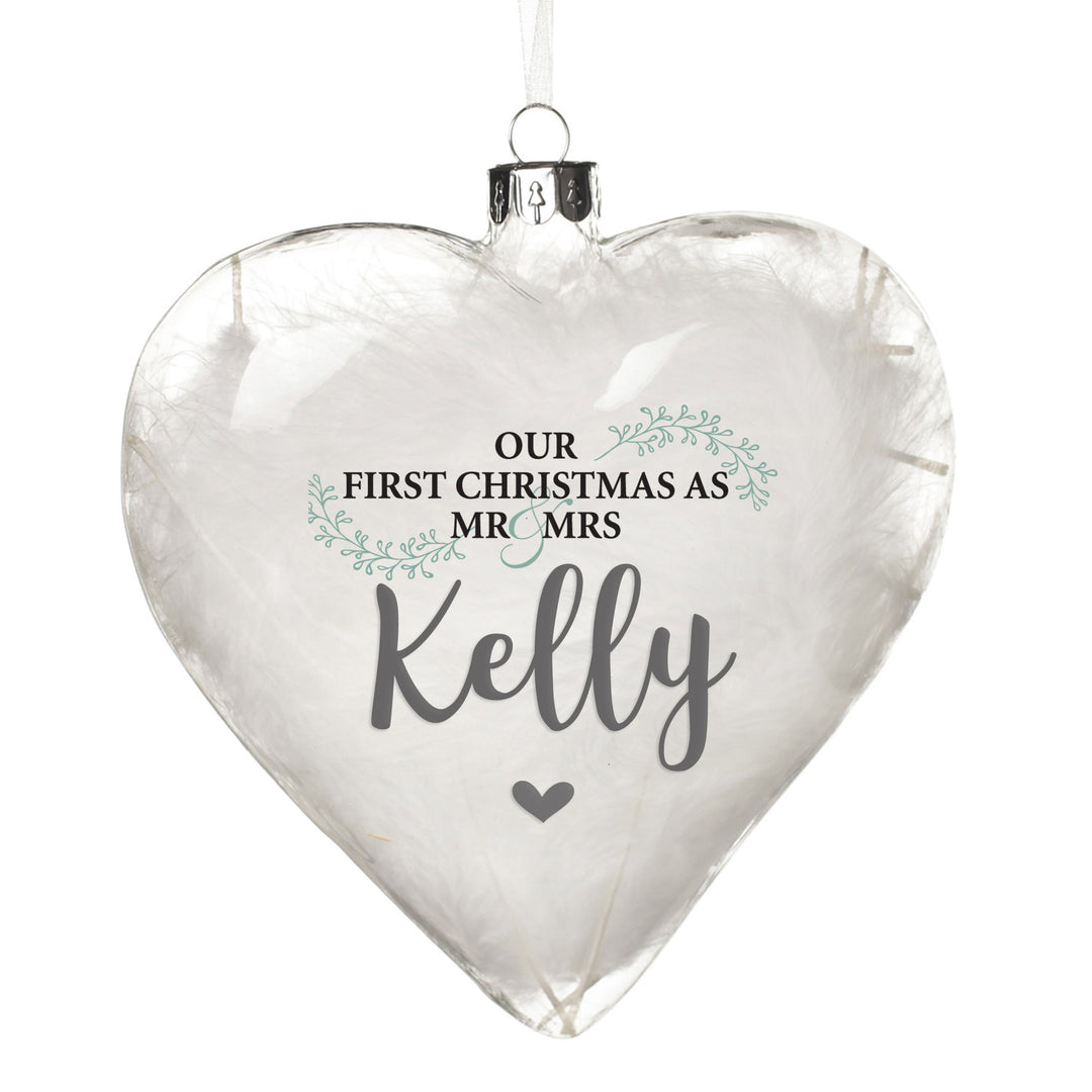 Personalised White Feather Glass Heart - Our First Christmas as Mr &amp; Mrs
