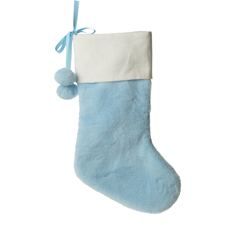 Personalised Blue Fur Christmas Stocking with Pom Poms