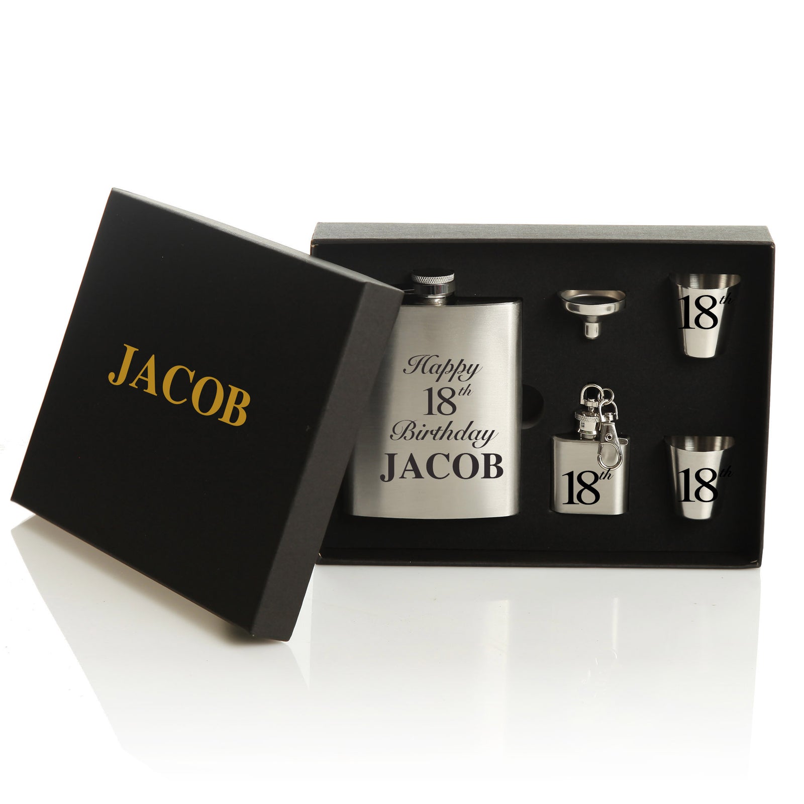 Personalised 18th Birthday Hip Flask Set Black Gift Box
