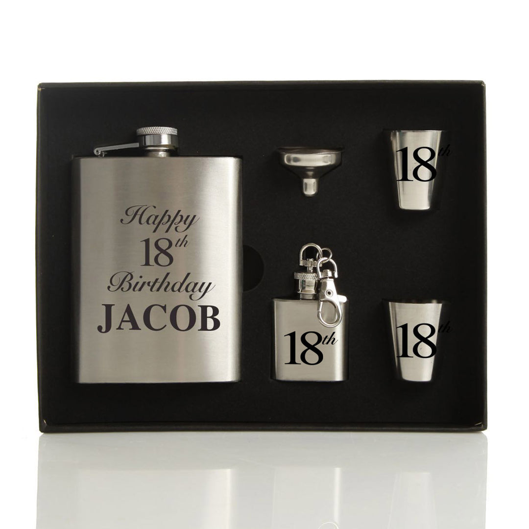 18th Birthday Hip Flask Set Black Gift Box