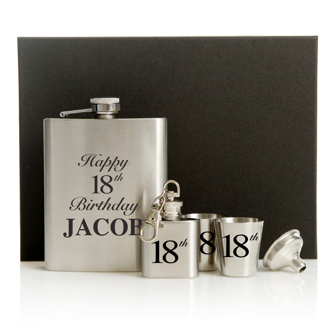 18th Birthday Hip Flask Set Black Gift Box