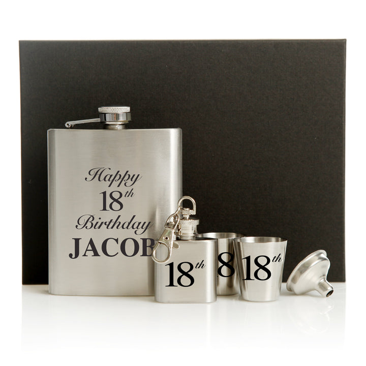 18th Birthday Hip Flask Set Black Gift Box