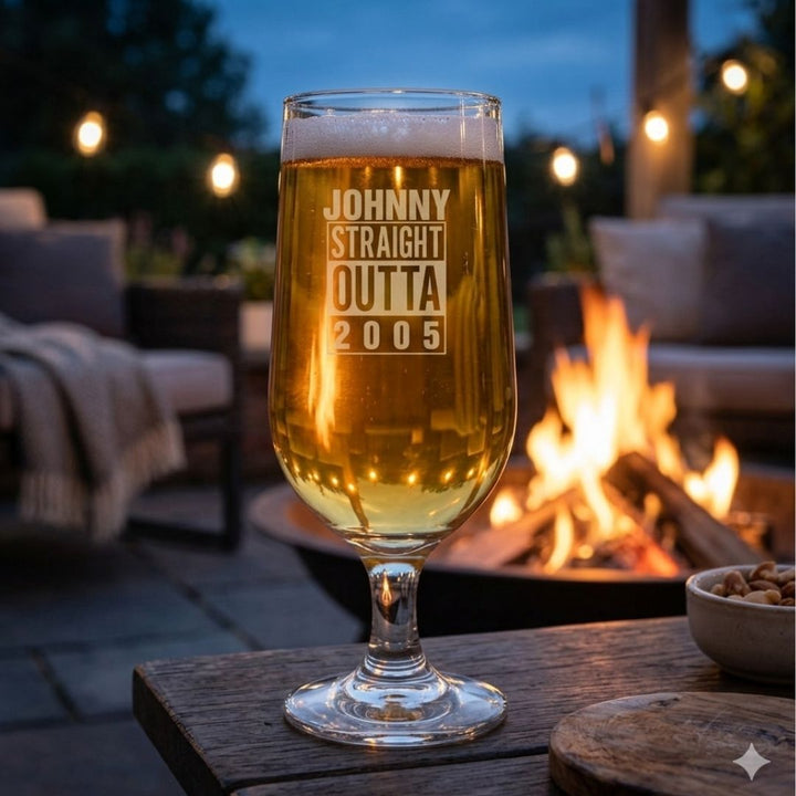 Personalised 21st Milestone Birthday Beer Glass – Pop Culture Design Laser Etched