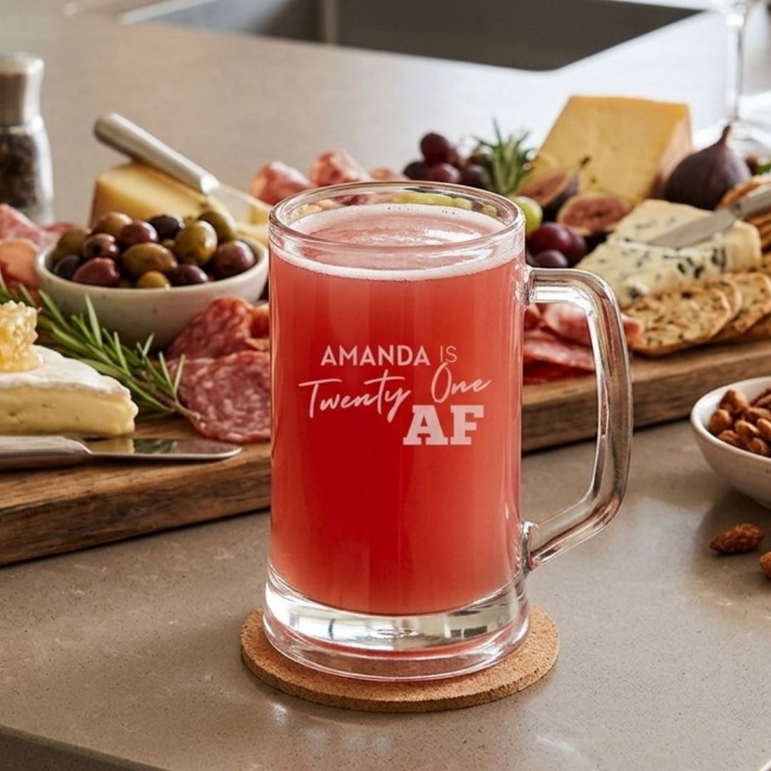 Personalised 21st Milestone Birthday Beer Tankard – Pop Culture Design Laser Etched