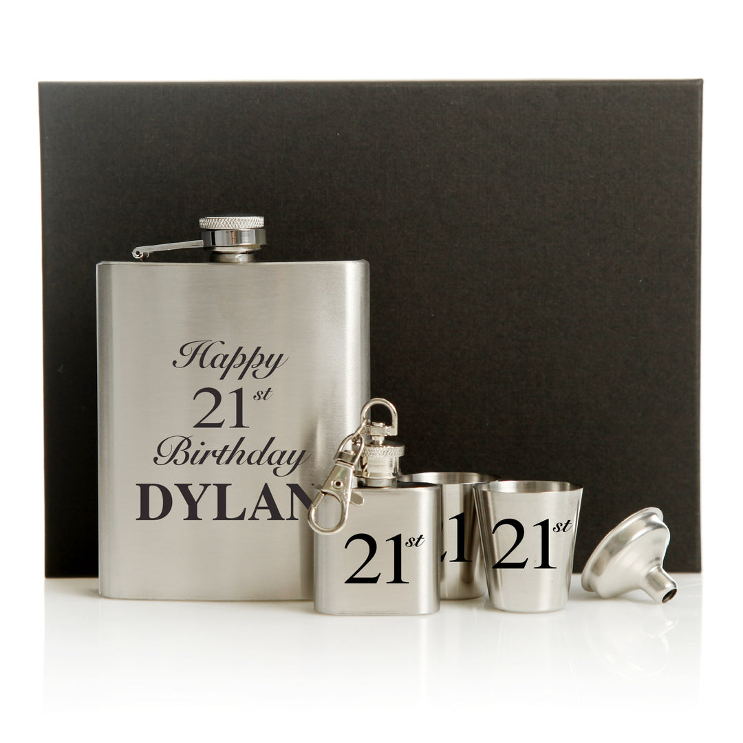 21st Birthday Hip Flask Set Black Gift Box