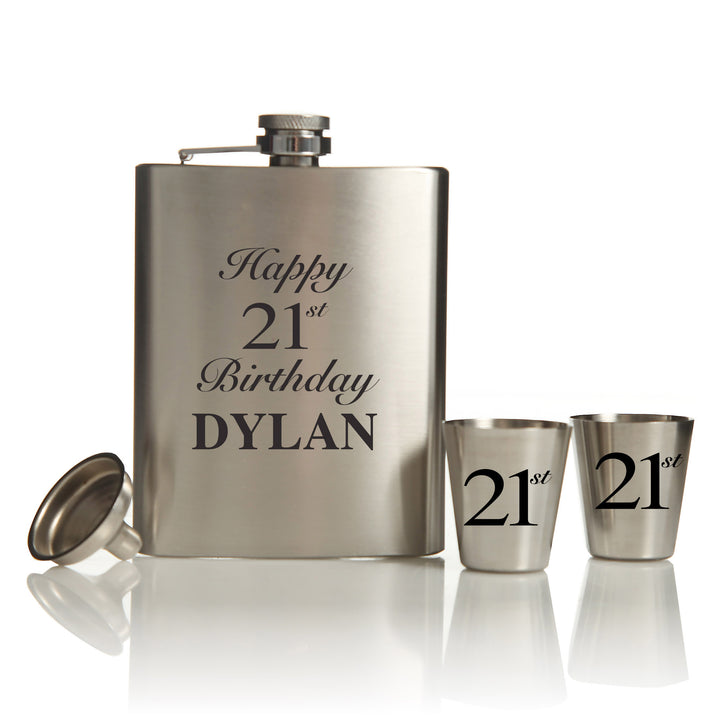 Personalised 21st Birthday Hip Flask Gift Set