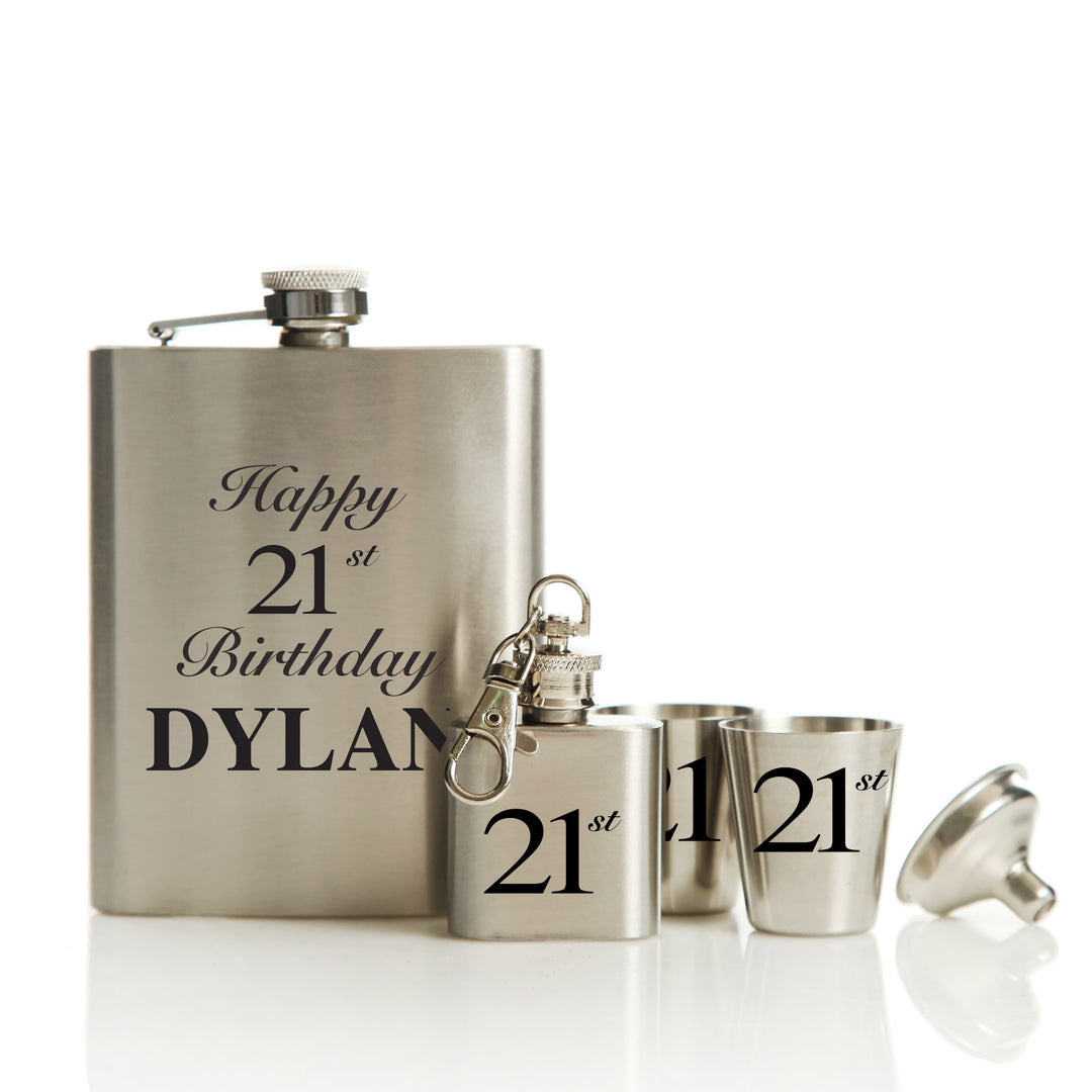 21st Birthday Hip Flask Set Black Gift Box