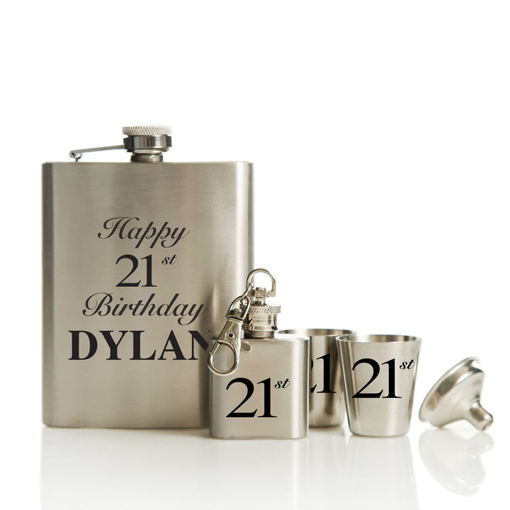 21st Birthday Hip Flask Set Black Gift Box