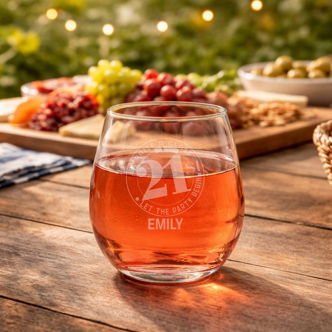 Personalised 21st Milestone Birthday Stemless Wine Glass – Fun Design Laser Etched