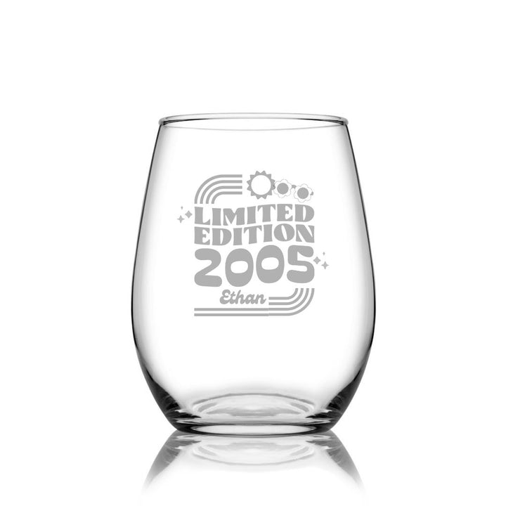 Personalised 21st Milestone Birthday Stemless Wine Glass – Fun Design Laser Etched