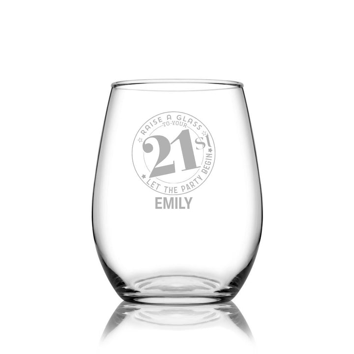 Personalised 21st Milestone Birthday Stemless Wine Glass – Fun Design Laser Etched