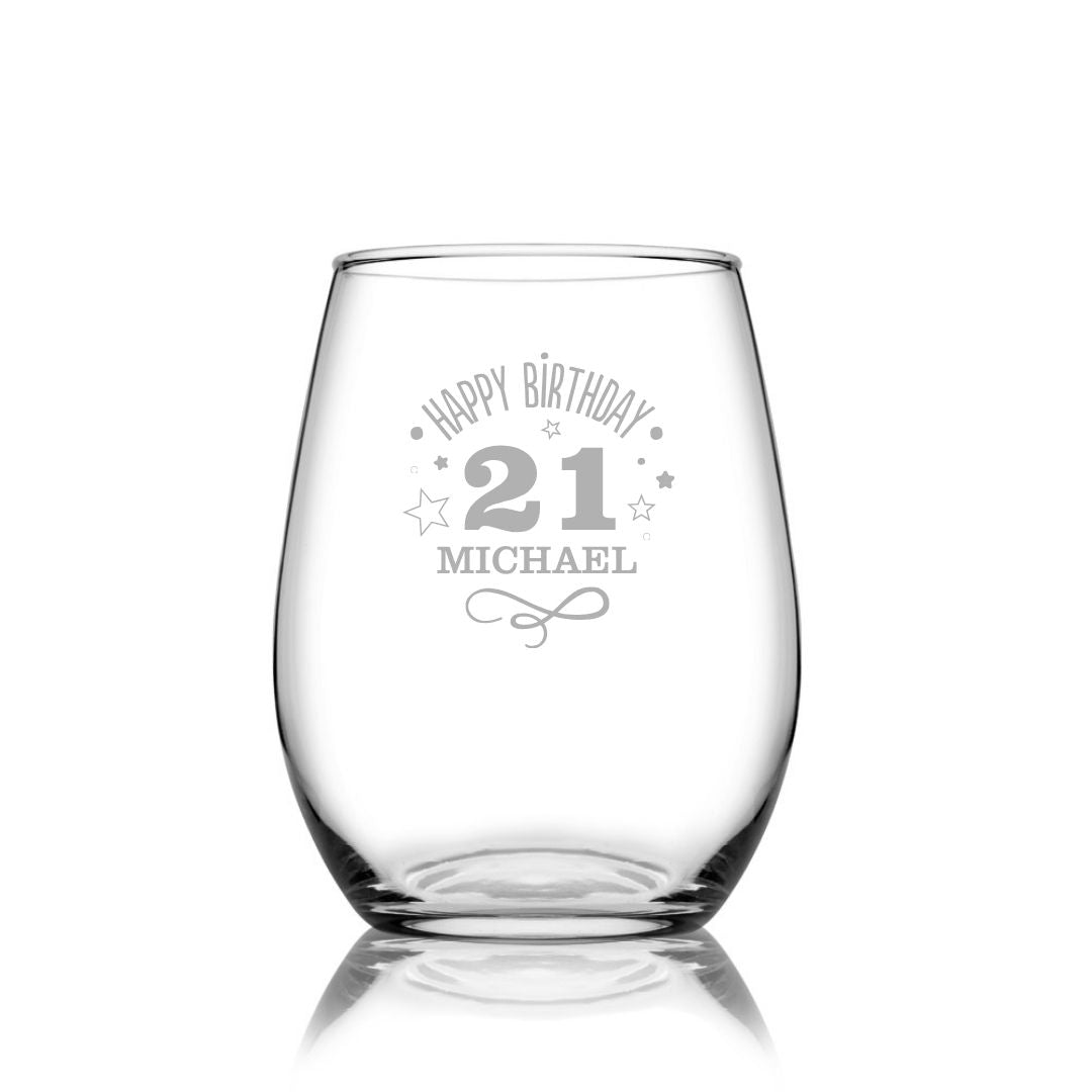 Personalised 21st Milestone Birthday Stemless Wine Glass – Fun Design Laser Etched