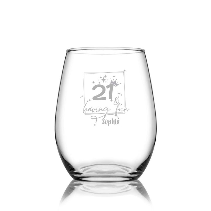 Personalised 21st Milestone Birthday Stemless Wine Glass – Fun Design Laser Etched