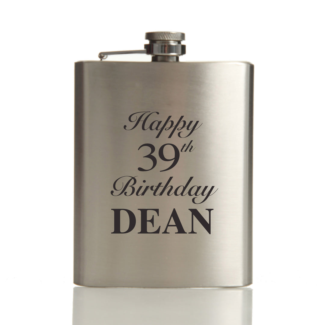 Personalised Any Age Birthday Hip Flask Set Wooden Gift Box