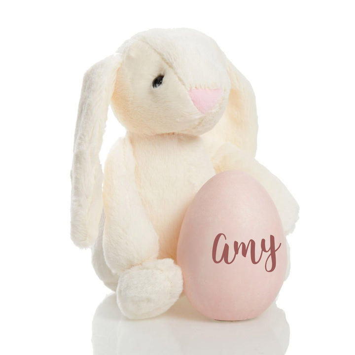 Personalised Baby Pink Ceramic Easter Egg Ornament with Optional Plush Bunny
