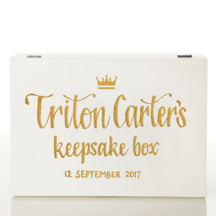 Personalised Gold Crown White Wood Girl Keepsake Box