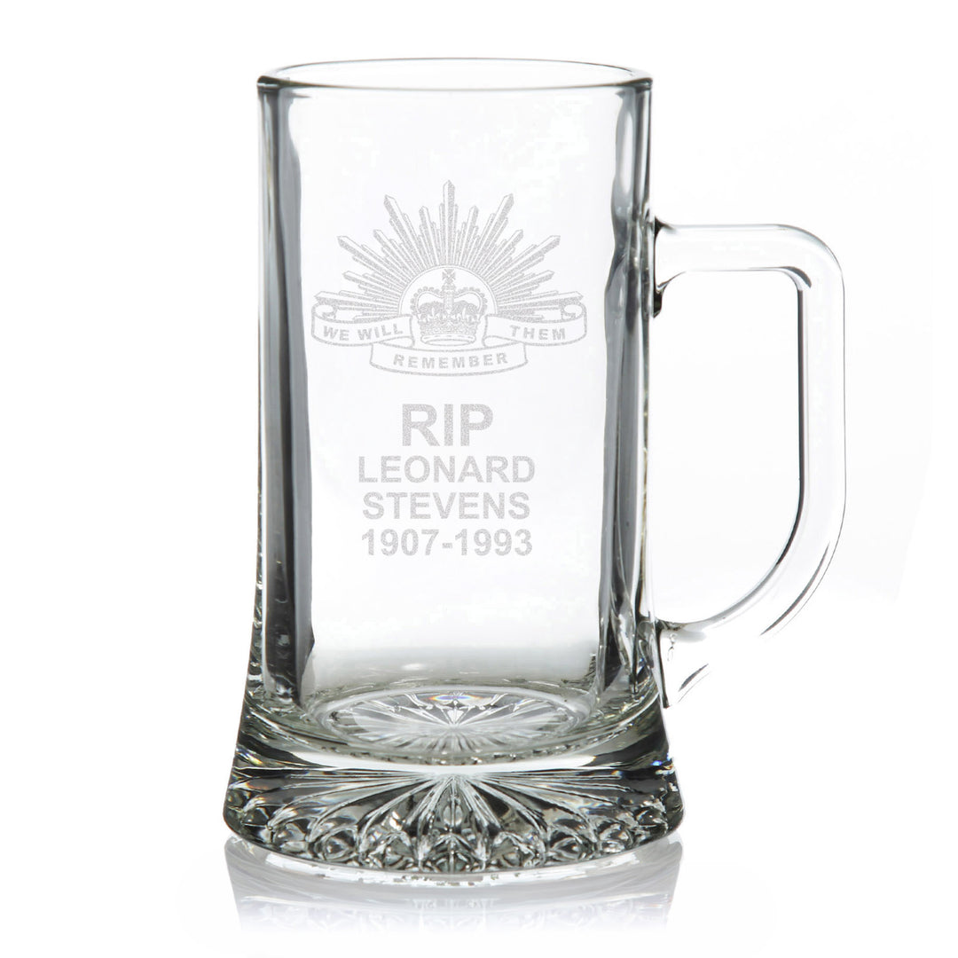 ANZAC Tribute Memorial We Will Remember Them Engraved Tankard Glass Stein